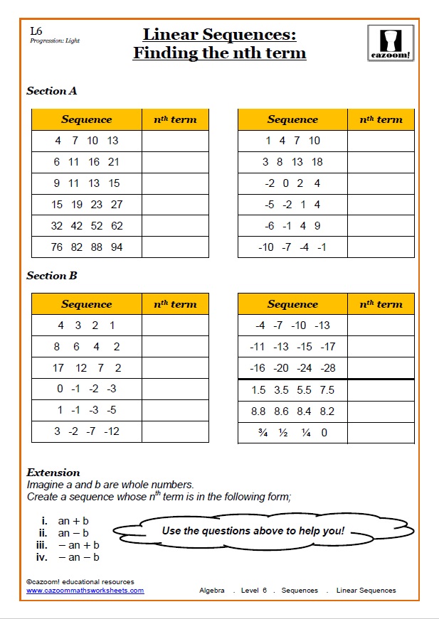 Cazoom Maths Worksheets - Sequences Maths Worksheets